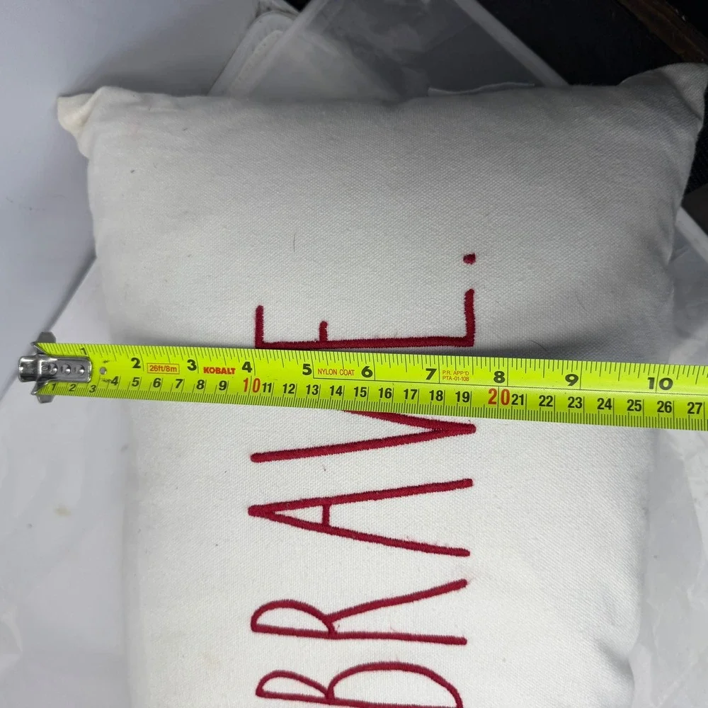 Rae Dunn Home of the Brave Lumbar Pillow Cream Red Embroidered Farmhouse 32x10
